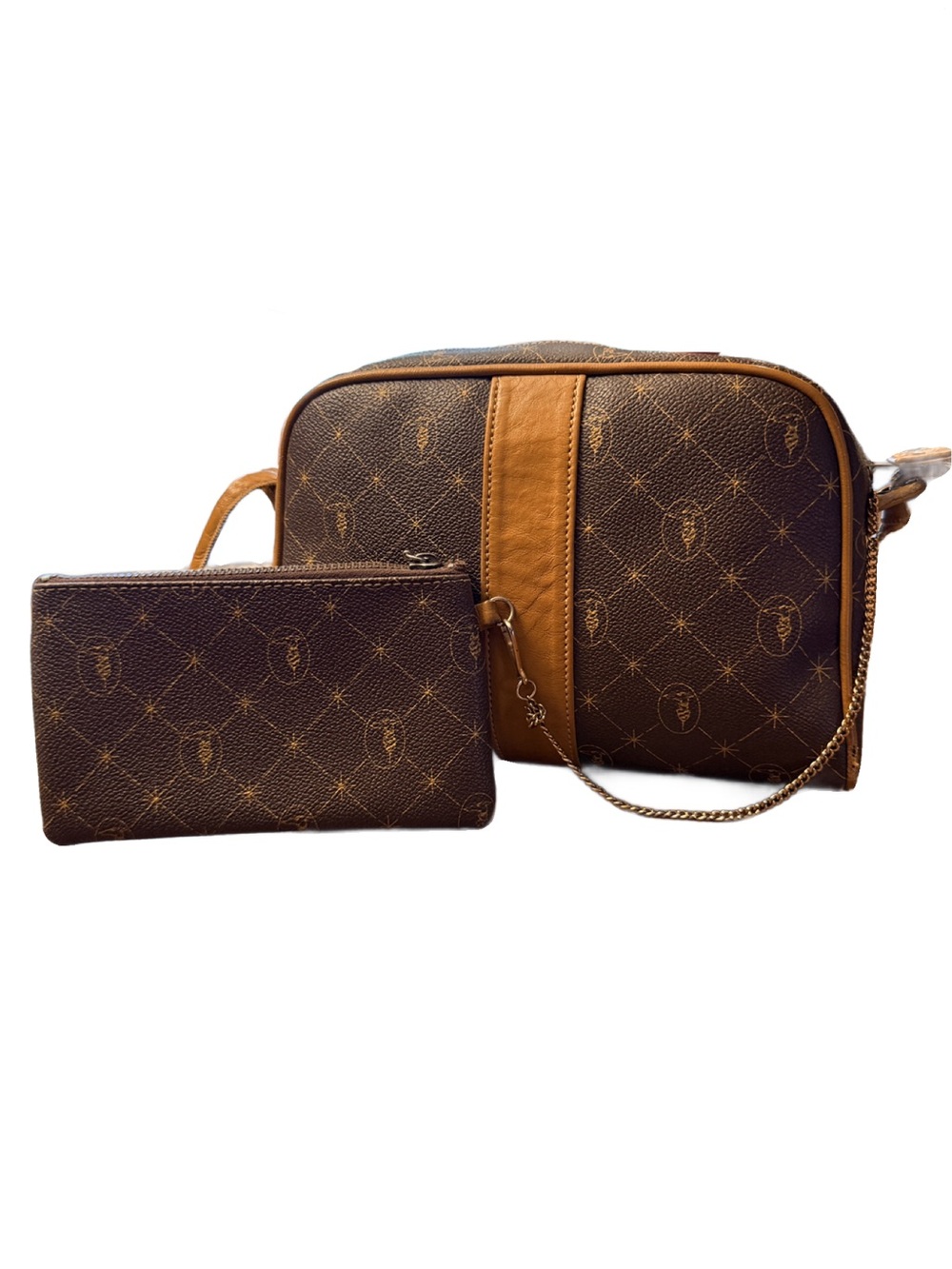 Trussardi Brown Monogram Tote with Tan Trim